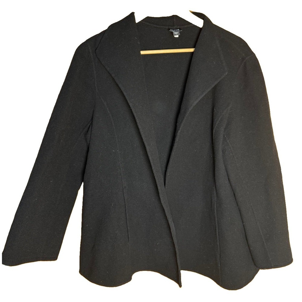 Eileen Fisher Wool Cashmere Blend Black Open Blazer Jacket Size Large EUC
